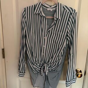 Zara Green and White Striped Tie-Front Shirt